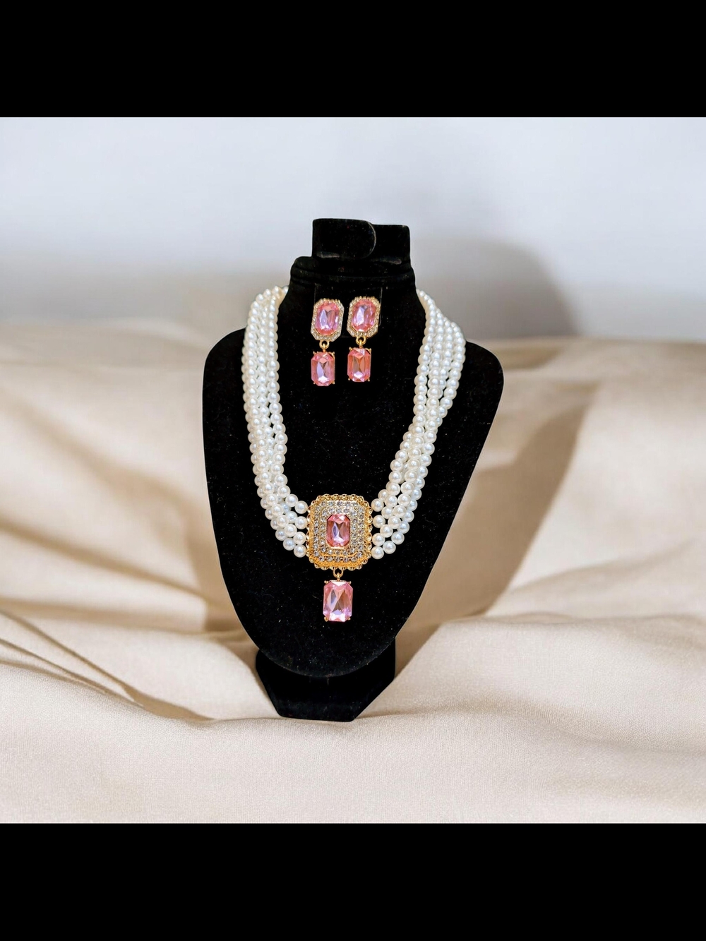 Vintage Style Pink Crystal Layered Pearl Necklace & Earrings Jewelry Set